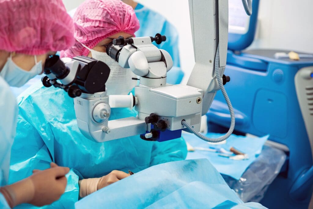 An ophthalmologist, wearing surgical gloves and a sterile gown, expertly removes a cataract from a patient's eye. This image depicts a cataract surgery, a crucial cataract treatment, aiming to alleviate signs of cataracts such as cloudy vision and other cataract symptoms.