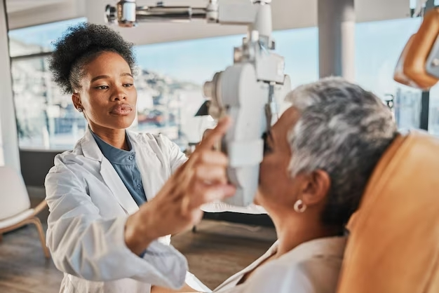 An eye doctor sits on a chair during an eye exam. A patient looks towards a phoropter machine while a friendly doctor discusses their options for cataract surgery and answers their questions related to the procedure.