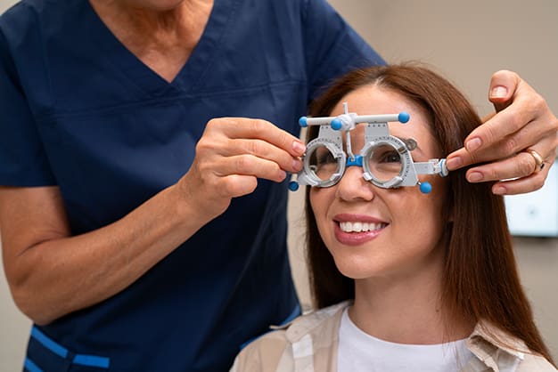 A young woman sits in an exam chair at an optometrist's office. The optometrist examines the woman's eye for proper contact lens fit.