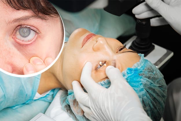 Image of a woman with cataract in one eye on the left, and undergoing cataract surgery on the right, illustrating signs you need cataract surgery.