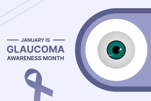 Illustration of an eye and a ribbon with text reading 'January is Glaucoma Awareness Month' on a light background.