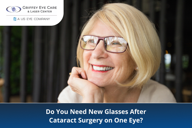 Woman smiling with glasses after cataract surgery, highlighting vision care.