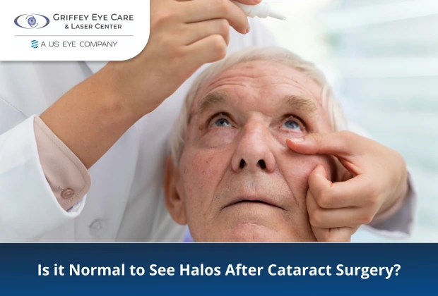 Patient receiving eye drops after cataract surgery, with halos in vision as a common side effect.