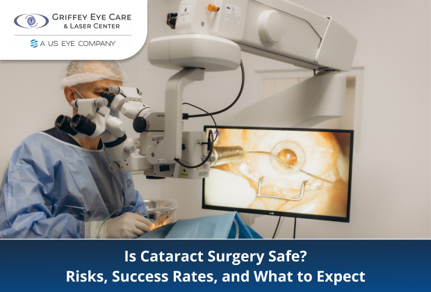 A surgeon performing cataract surgery with a microscope, shown in a sterile medical environment, with the patient’s eye visible on the monitor.