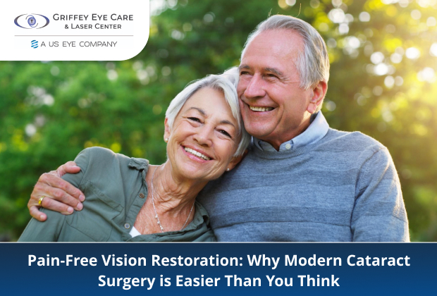 Smiling senior couple outdoors representing comfortable, pain-free vision restoration through modern cataract surgery.