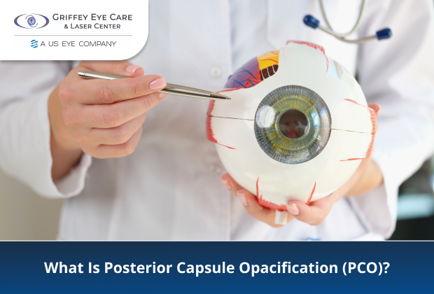 Eye specialist demonstrating posterior capsule opacification (PCO) with an eye model