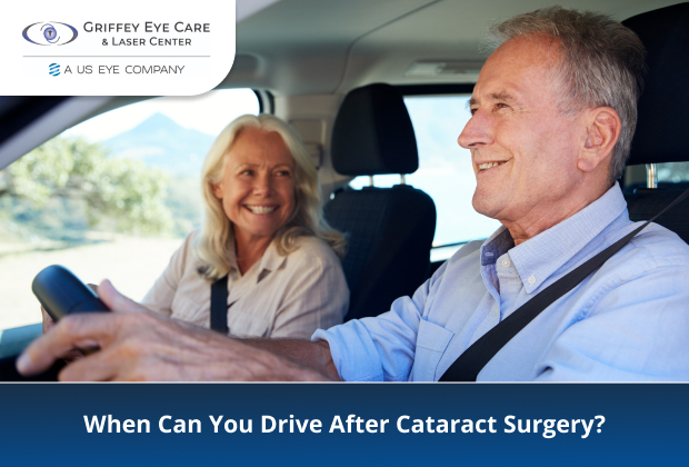 Smiling senior man driving a car after cataract surgery with a woman passenger beside him